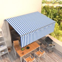   Kék és fehér kézzel kihúzható napellenző redőnnyel 4 x 3 m
