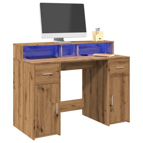 Kézműves tölgy színű szerelt fa LED-es íróasztal 120x55x91 cm