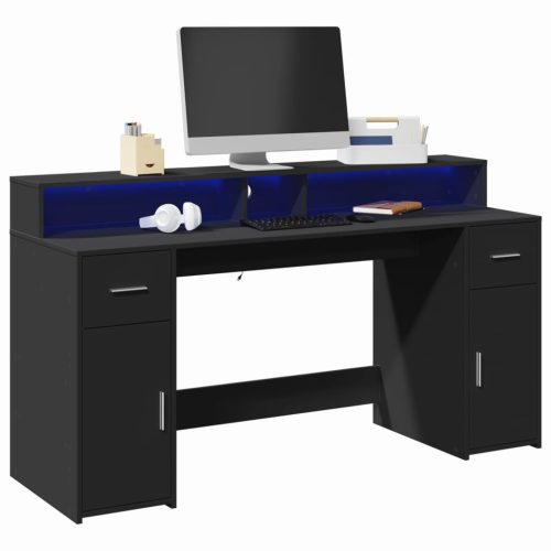 Fekete szerelt fa íróasztal LED-világítással 160 x 55 x 91 cm