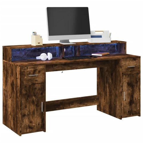 Füstös tölgy színű szerelt fa íróasztal LED-ekkel 160x55x91 cm