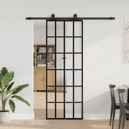 Fekete ESG üveg tolóajtó fémszerelvény-szettel 76x205 cm