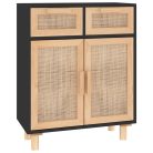 Fekete tömör fenyő/természetes rattan tálalószekrény 60x30x75cm