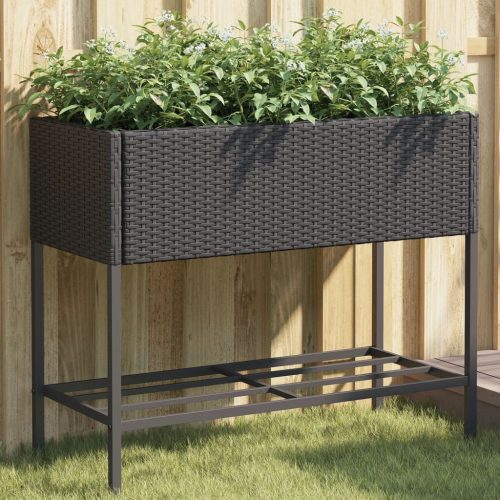 Fekete polyrattan kerti ültetőláda polccal