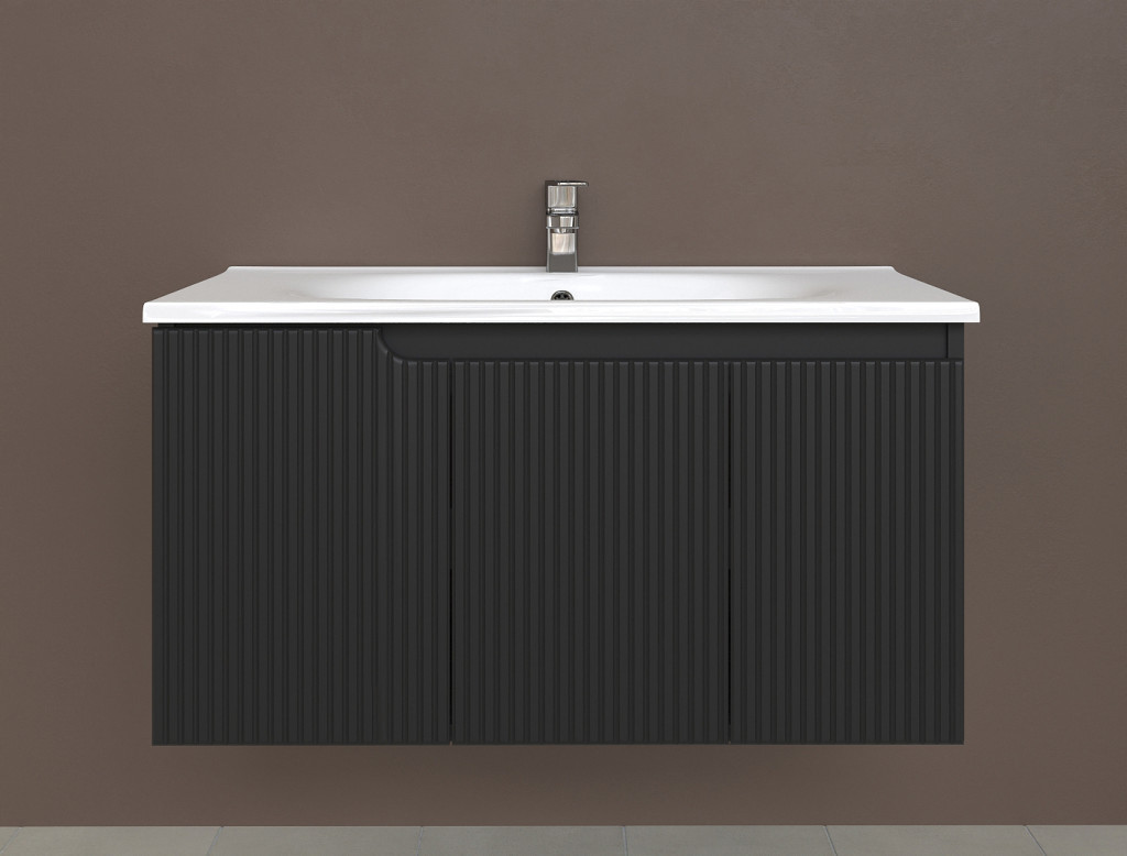 Piramida EURIDIKA fali fürdőszobabútor - műmárvány mosdóval -3 ajtós - PINO FEKETE- 100 x 48 x 53 cm - Image 2