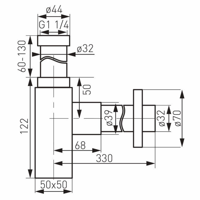 VivaStyle QUADRO LUX mosdószifon - króm - szögletes - fém - leeresztő nélkül - Ø 5/4" - Ø 32 mm