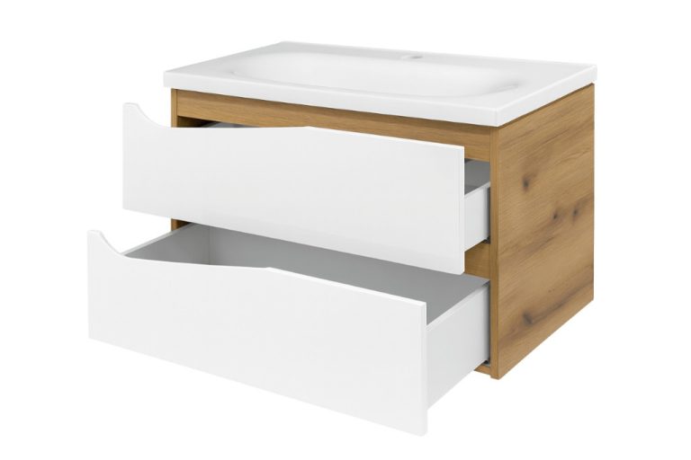 Piramida EURIDIKA fali fürdőszobabútor - műmárvány mosdóval -2 fiókos - ALPINFEHÉR-TÖLGY - 75 x 48 x 55 cm - Image 3