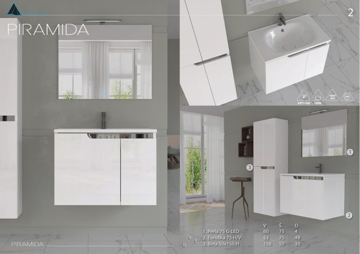 Piramida EURIDIKA fali fürdőszobabútor - műmárvány mosdóval -2 ajtós - 75 x 48 x 53 cm