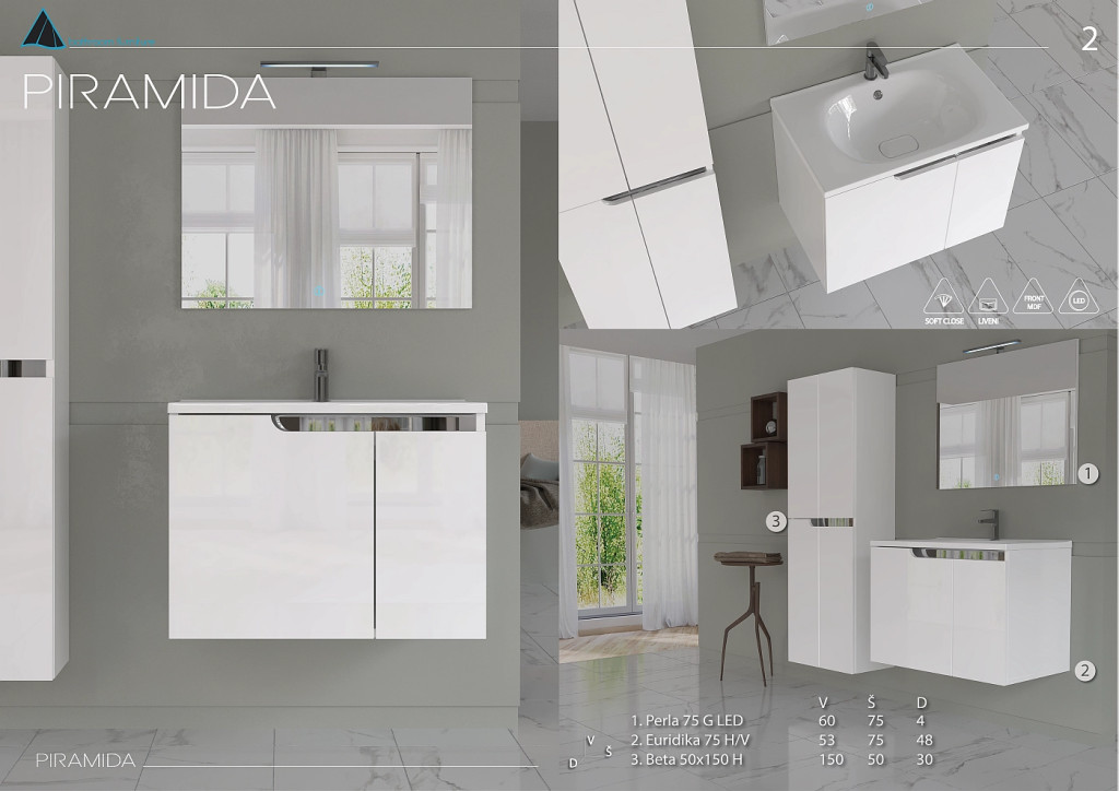Piramida EURIDIKA fali fürdőszobabútor - műmárvány mosdóval -2 ajtós - 75 x 48 x 53 cm - Image 4