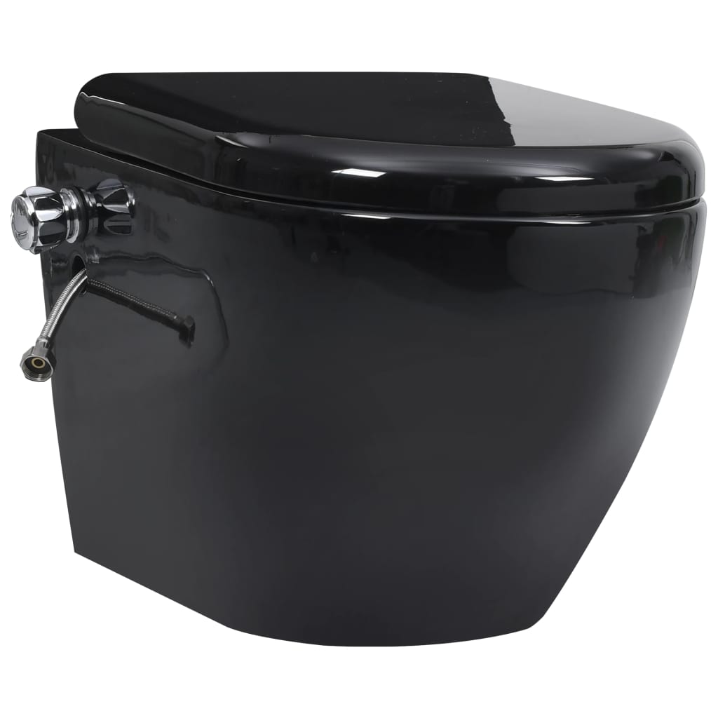 vidaXL fekete perem nélküli fali kerámia-WC bidével - Image 7