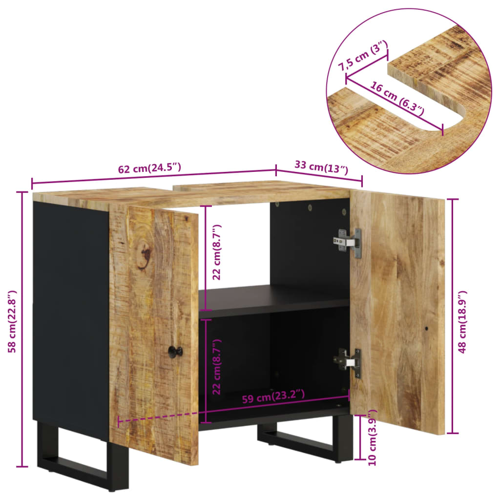 vidaXL tömör mangó- és szerelt fa mosdószekrény 62 x 33 x 58 cm - Image 11