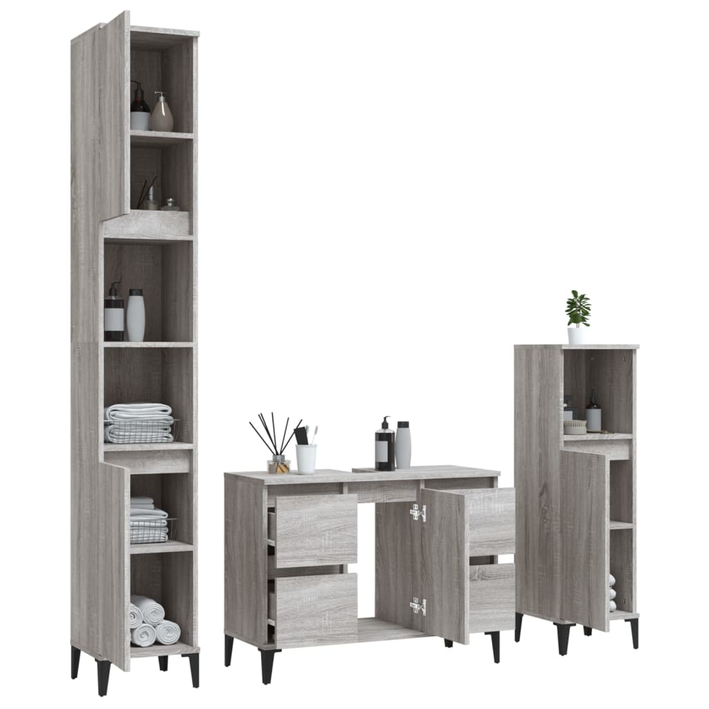 vidaXL 3 részes szürke sonoma színű szerelt fa fürdőszobai bútorszett - Image 4