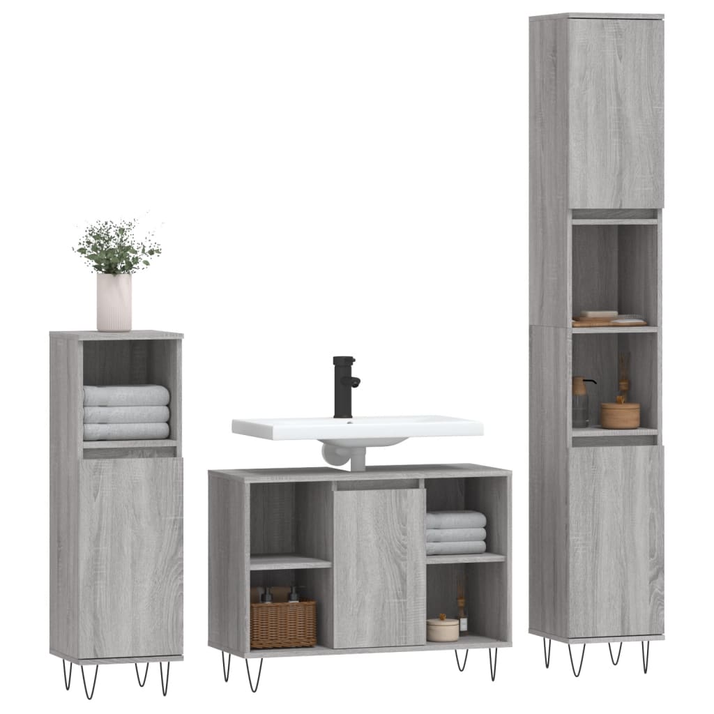 vidaXL 3 részes szürke sonoma színű szerelt fa fürdőszobai bútorszett - Image 3