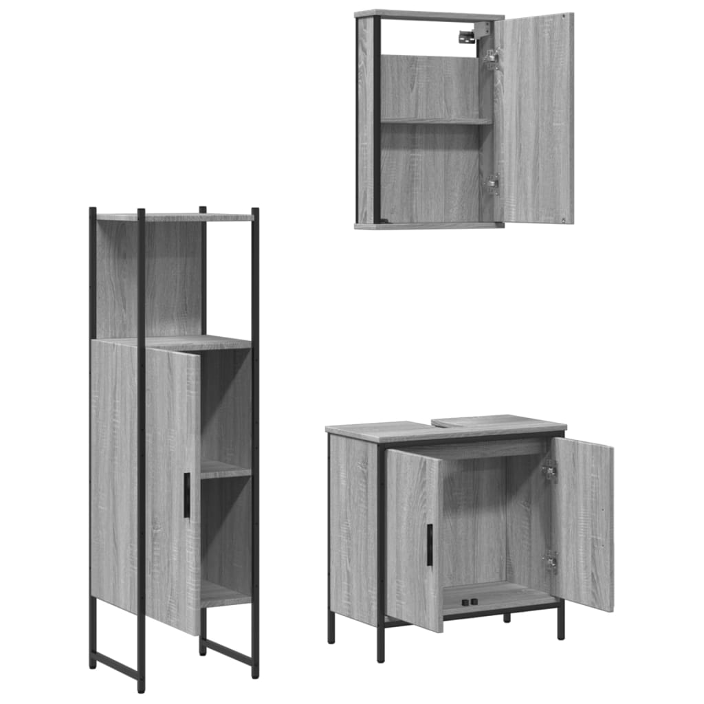 vidaXL 3 részes szürke sonoma színű szerelt fa fürdőszobai bútorszett - Image 6