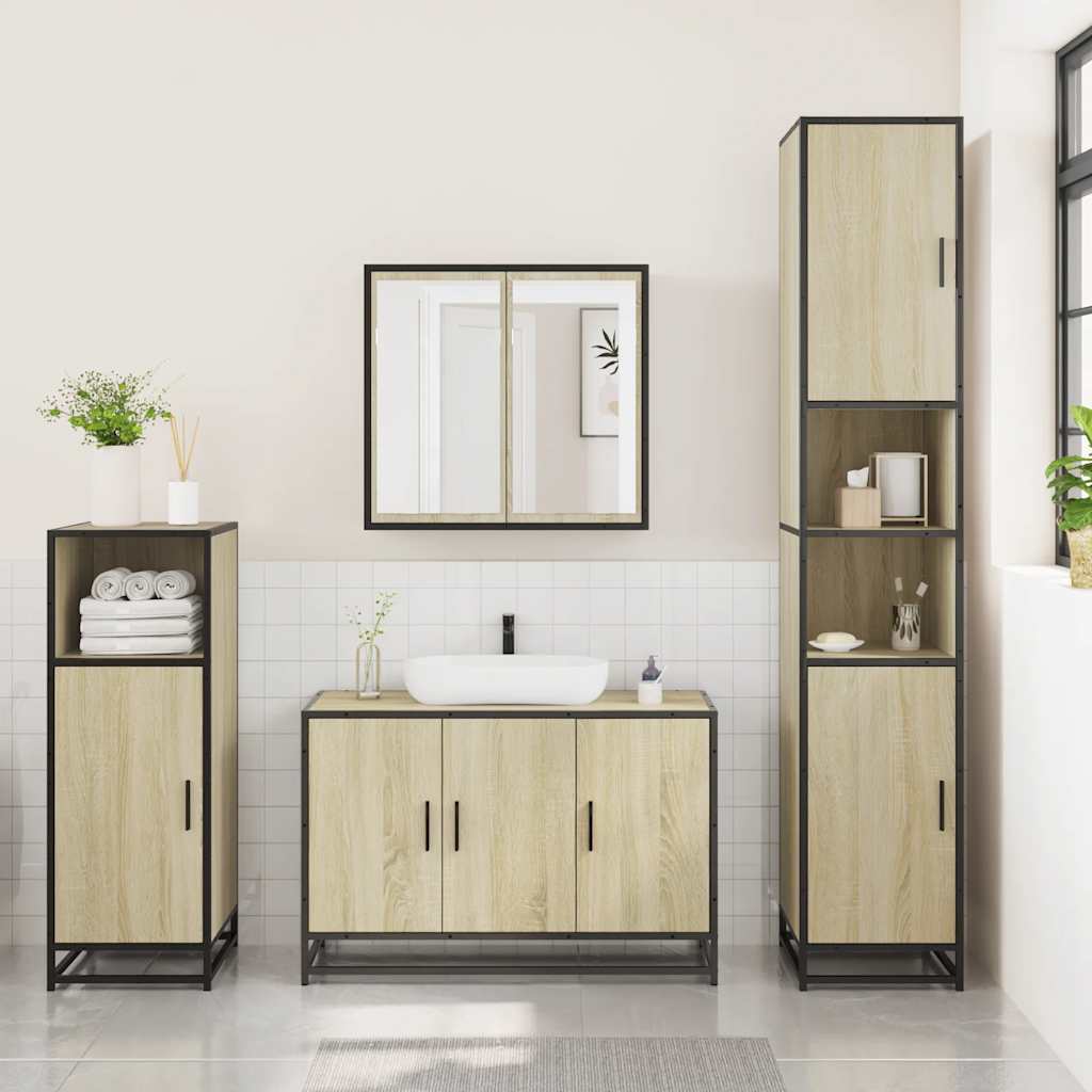 vidaXL 3 részes sonoma tölgyszínű szerelt fa fürdőszobai bútorszett - Image 3