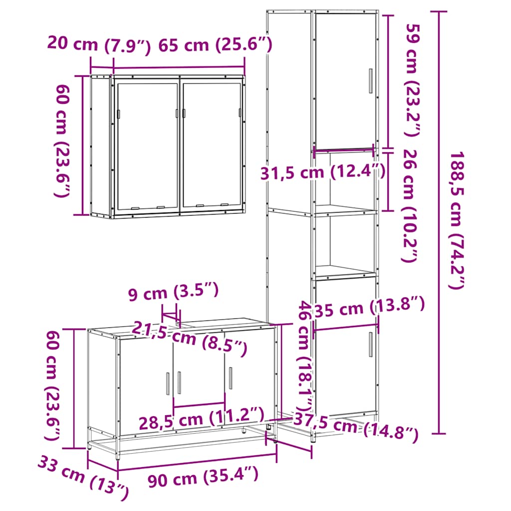 vidaXL 3 részes sonoma tölgyszínű szerelt fa fürdőszobai bútorszett - Image 11