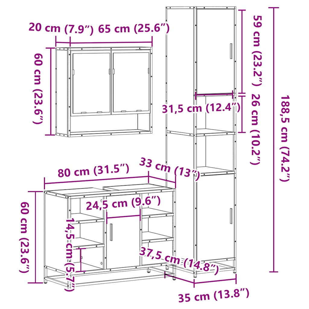vidaXL 3 részes sonoma tölgyszínű szerelt fa fürdőszobai bútorszett - Image 11