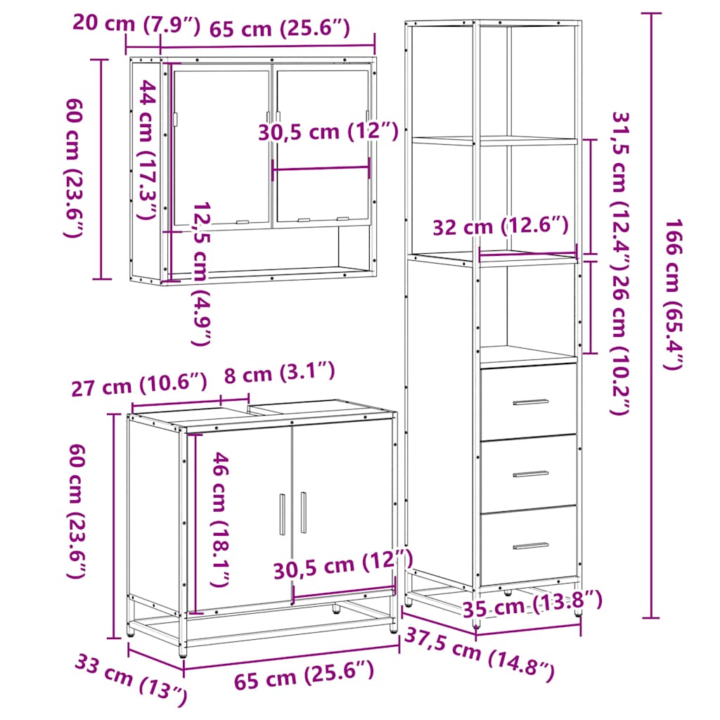 vidaXL 3 részes sonoma tölgyszínű szerelt fa fürdőszobai bútorszett - Image 11