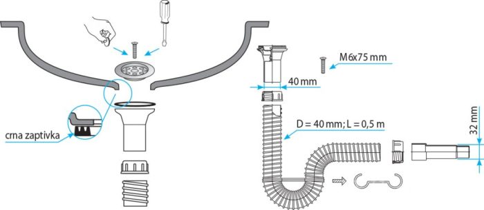 TEXO mosogató szifon flexibilis csővel - Ø 1" x 0,5 m x Ø 40/32 mm