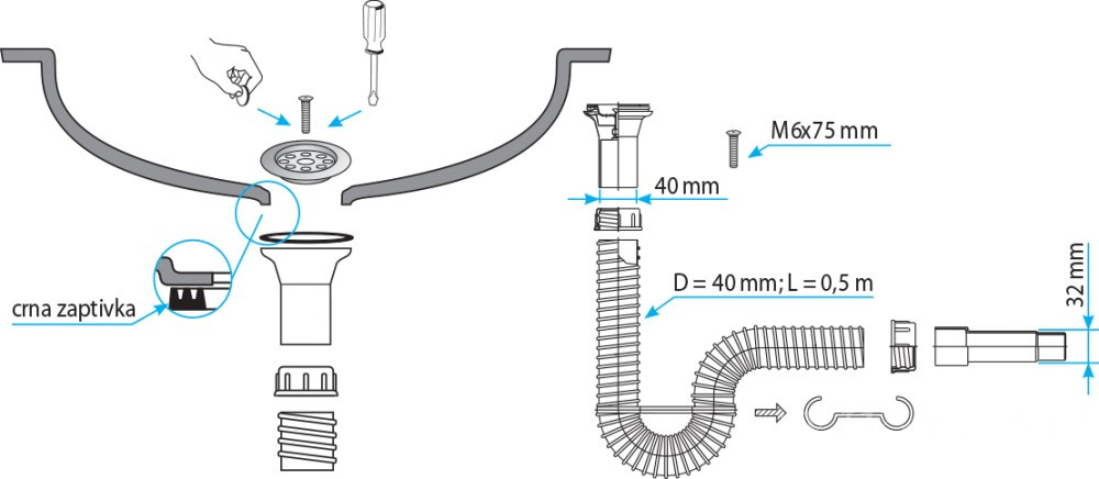 TEXO mosogató szifon flexibilis csővel - Ø 1" x 0,5 m x Ø 40/32 mm - Image 3