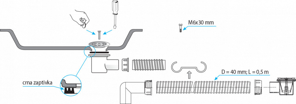 TEXO zuhanytálca szifon flexibilis csővel - Ø 5/4" x 0,5 m x Ø 40 mm - Image 2