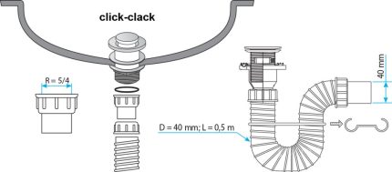 TEXO KLIKK- KLAKK króm - mosdószifon flexibilis cső - túlfolyós leeresztő - 5/4" x 0,5 m x 40 mm