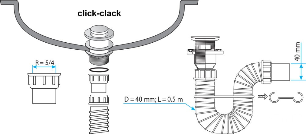 TEXO KLIKK- KLAKK króm sr. mosdószifon flexibilis cső, túlfoly. leeresztő - Ø 5/4" x 0,5 m x Ø 40 mm - Image 2