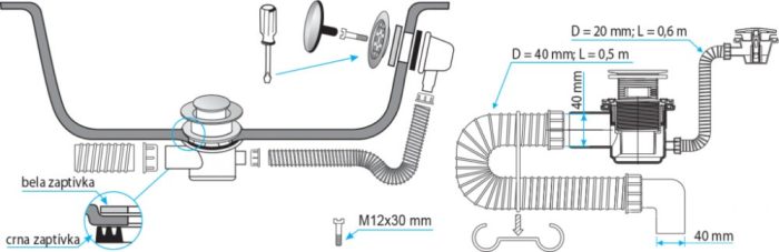 TEXO kádszifon - KRÓM - Klikk - klakk leeresztővel - flexibilis csővel - Ø 5/4" x 0,5 m x Ø 40 mm