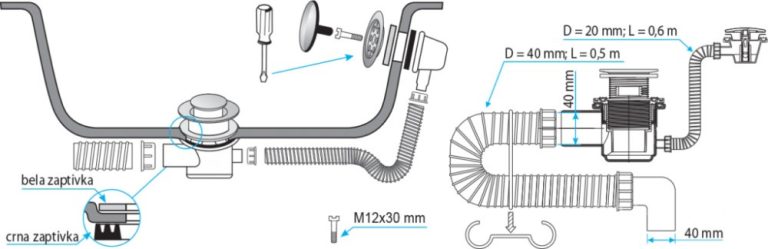 TEXO kádszifon - KRÓM - Klikk - klakk leeresztővel - flexibilis csővel - Ø 5/4" x 0,5 m x Ø 40 mm