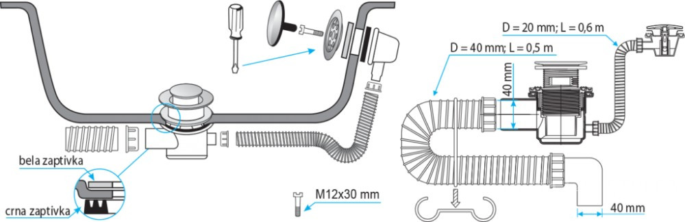 TEXO kádszifon - KRÓM - Klikk - klakk leeresztővel - flexibilis csővel - Ø 5/4" x 0,5 m x Ø 40 mm - Image 2