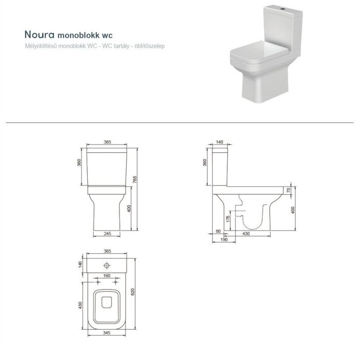 CeraStyle NOURA monoblokk WC - BEÉPÍTETT bidé funkcióval - NEM FALIG érő talppal - 62 cm