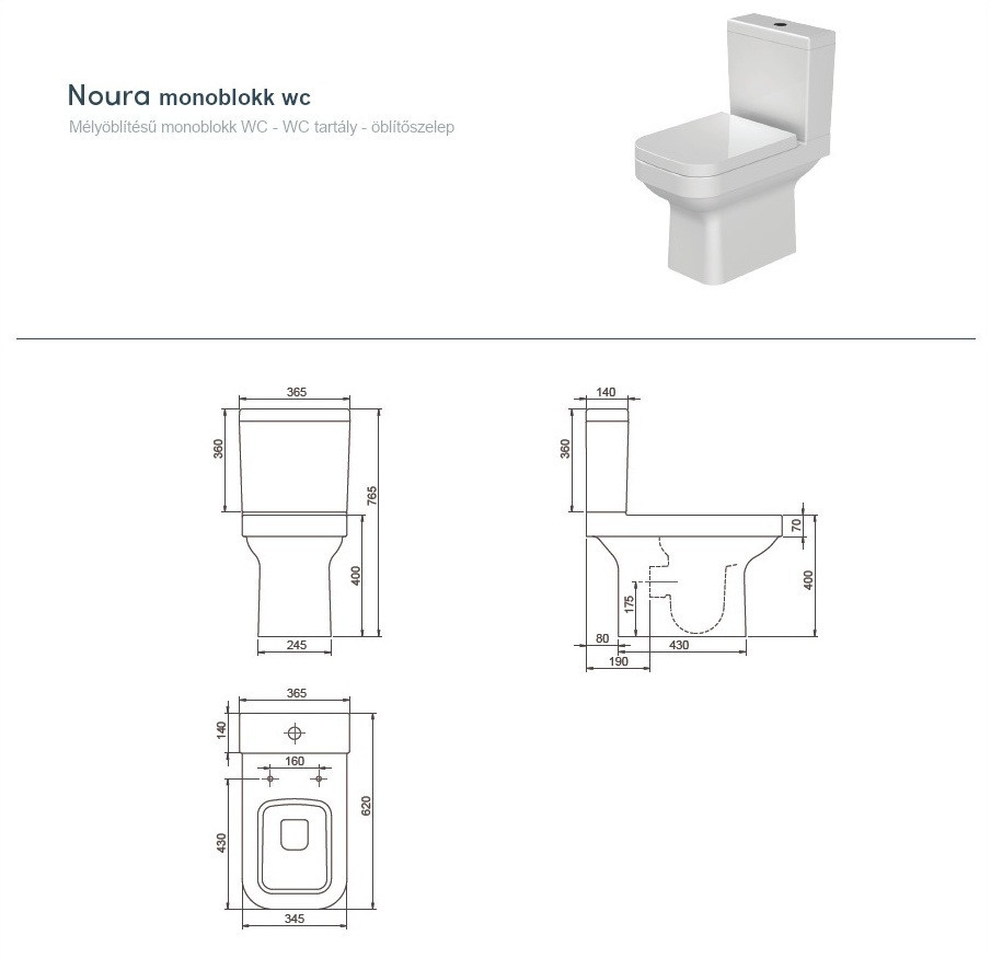 CeraStyle NOURA monoblokk WC - BEÉPÍTETT bidé funkcióval - NEM FALIG érő talppal - 62 cm - Image 5