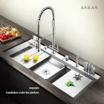 ASRAS vastagított, 304-es rozsdamentes acél konyhai mosogató, nagy méretű egymedencés kivitelben, beépített pohármosóval