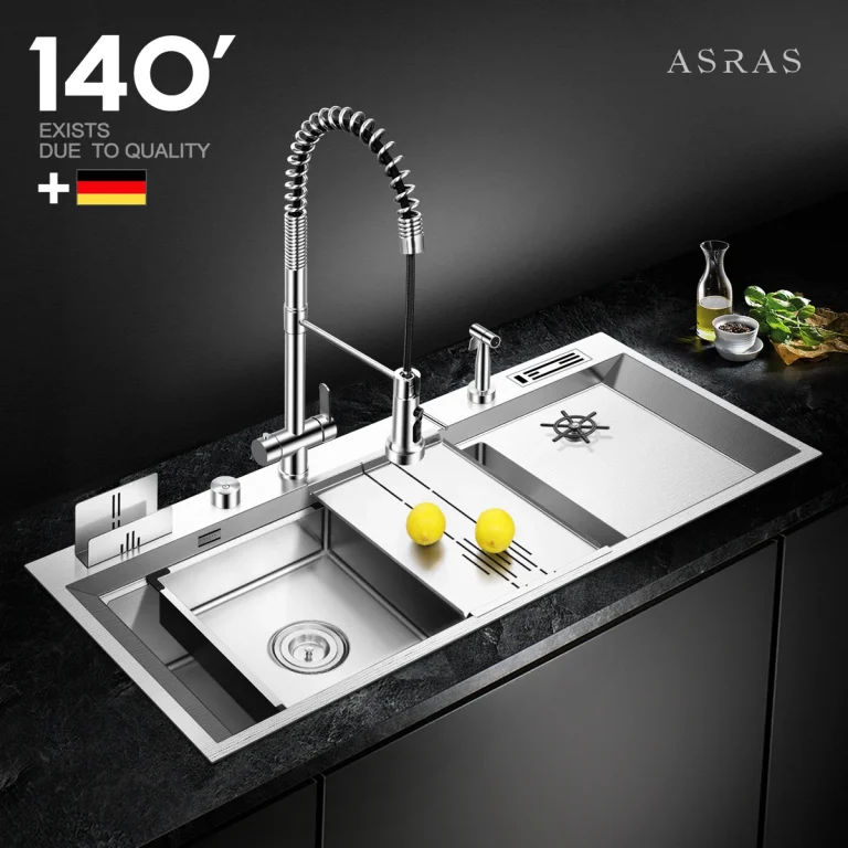 ASRAS vastagított, 304-es rozsdamentes acél konyhai mosogató, nagy méretű egymedencés kivitelben, beépített pohármosóval - Image 2