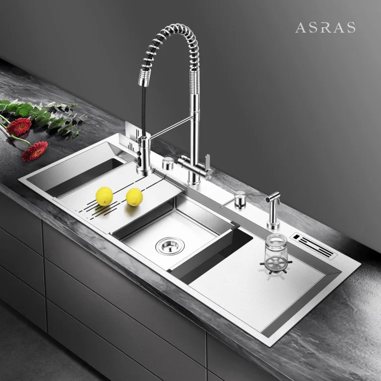 ASRAS vastagított, 304-es rozsdamentes acél konyhai mosogató, nagy méretű egymedencés kivitelben, beépített pohármosóval - Image 3