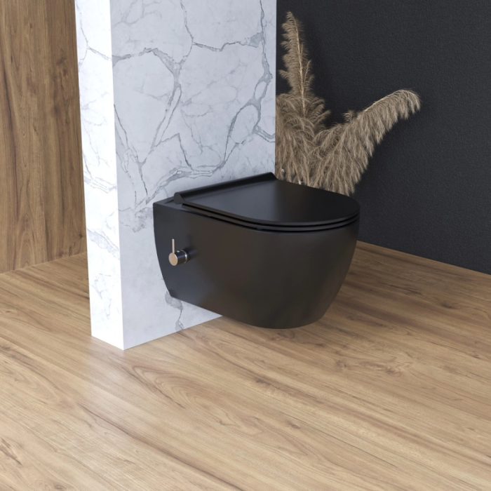 CeraStyle CITY fali WC - MATT FEKETE - BEÉPÍTETT bidé funkcióval - perem nélküli - 53 cm