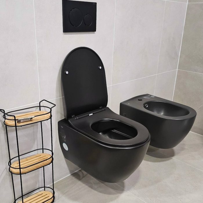 CeraStyle CITY fali WC - MATT FEKETE - BEÉPÍTETT bidé funkcióval - perem nélküli - 53 cm
