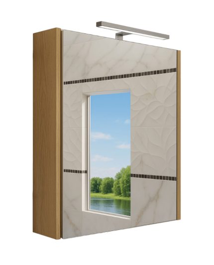 Piramida AKVA Tükrös fürdőszobai szekrény - LED világítással - FEHÉR-TÖLGY - 60 x 69 x 15 cm