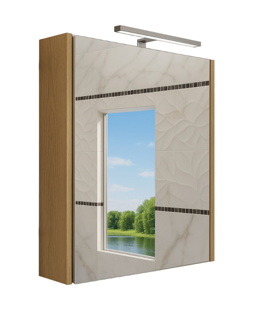 Piramida AKVA Tükrös fürdőszobai szekrény - LED világítással - FEHÉR-TÖLGY - 60 x 69 x 15 cm