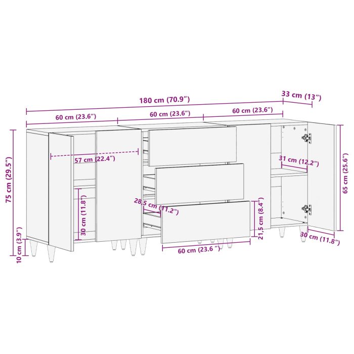 Novaro Tároló szekrények 3 db 180 x 33 x 75 cm Tömör Mangófát Sokszínű - Image 10