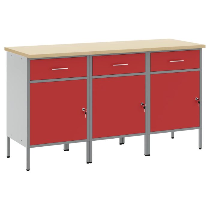 Novaro Munkaszekrény fiókkal 3 db Piros és Szürke 150 x 55 x 85 cm - Image 2
