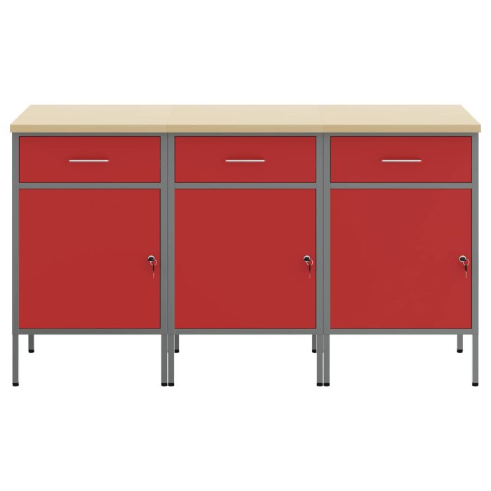 Novaro Munkaszekrény fiókkal 3 db Piros és Szürke 150 x 55 x 85 cm - Image 4