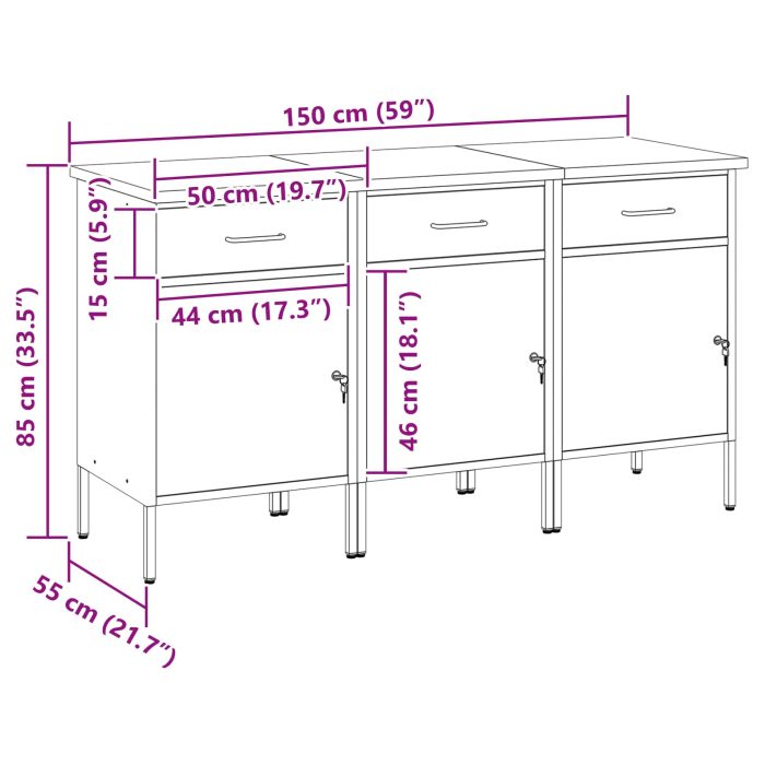 Novaro Munkaszekrény fiókkal 3 db Piros és Szürke 150 x 55 x 85 cm - Image 9