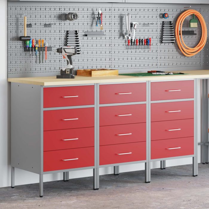 Novaro Munkaszekrény fiókkal 3 db Piros és Szürke 150 x 55 x 85 cm - Image 3