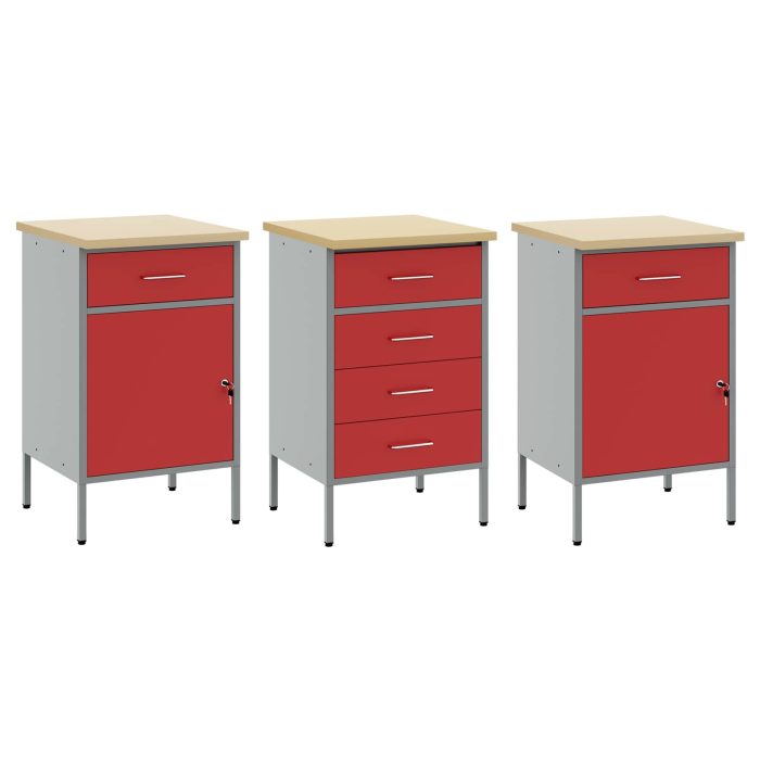 Novaro Munkaszekrény fiókkal 3 db Piros és Szürke 150 x 55 x 85 cm - Image 5
