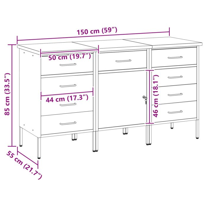 Novaro Munkaszekrény fiókkal 3 db Fekete és Szürke 150 x 55 x 85 cm - Image 7