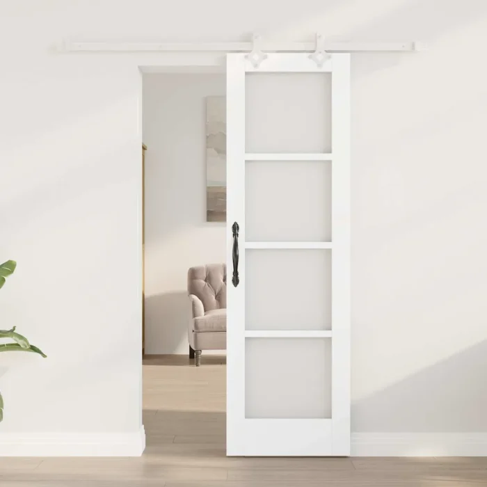 Novaro Csúszó ajtó 61 x 198,5 cm Tömör fenyőfa és üveg Fehér