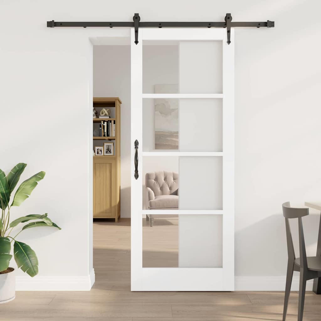 Novaro Csúszó ajtó 83 x 211 cm Tömör fenyőfa és üveg Fehér