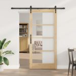 Novaro Csúszó ajtó 93 x 202 cm Tömör fenyőfa és üveg Természetes