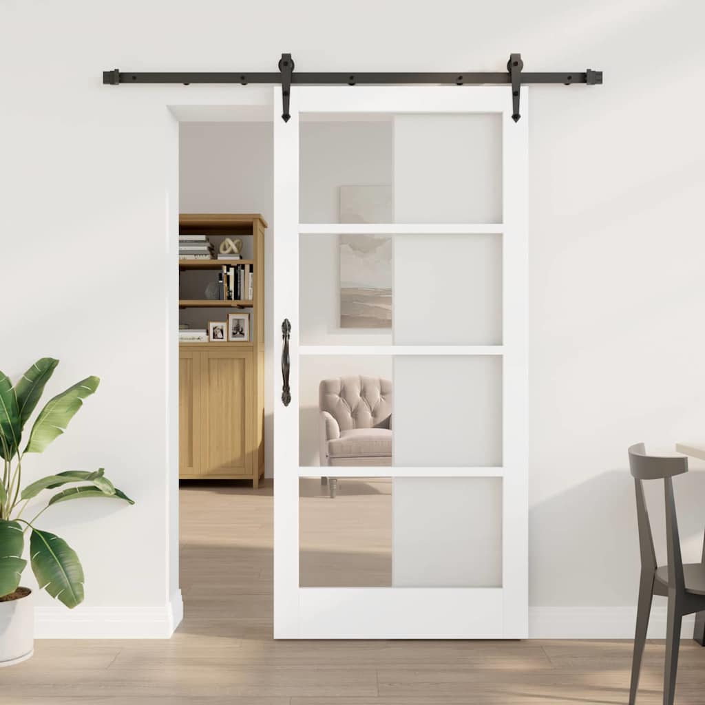 Novaro Csúszó ajtó 93 x 202 cm Tömör fenyőfa és üveg Fehér