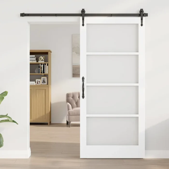 Novaro Csúszó ajtó 93 x 202 cm Tömör fenyőfa és üveg Fehér